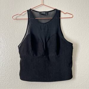 Cider black sheer mesh and ribbed corduroy crop tank top sweetheart neck